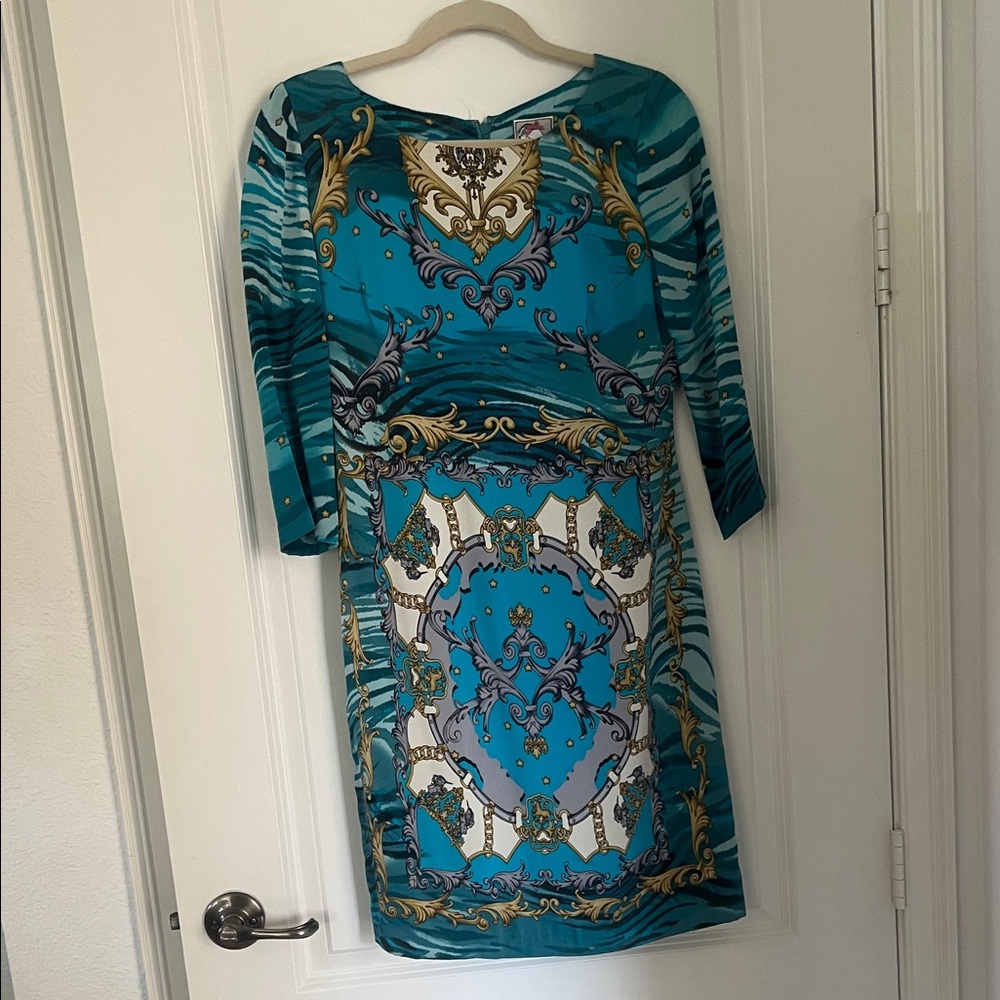 Rococo Teal Silk Print Long Sleeve Dress sz 6